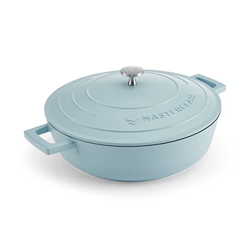 Image of MasterClass Shallow Casserole Dish with Lid 4L/28 cm, Lightweight Cast Aluminium, Induction Hob and Oven Safe, Sky Blue