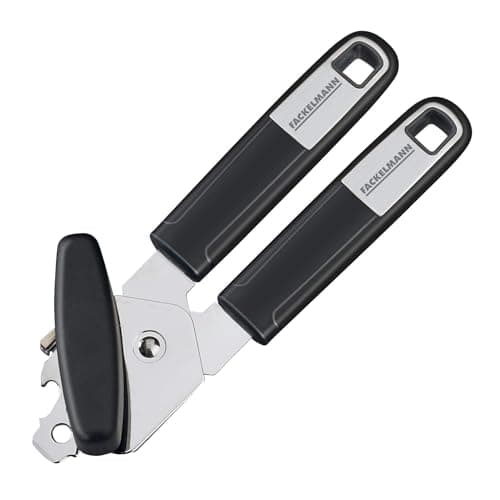 Image of Fackelmann SENSE Can Opener, with Bottle Opener, Tin Opener, Stainless Steel Function Head, Soft-Grip Non-Slip Soft Touch Handle, 20x5.4x2.2cm, Silver & Black