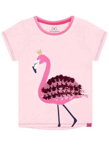 Image of Harry Bear Girls Tshirt | Flamingo Shirt with Sequins | Cute Girls’ T-Shirts | Kids Clothes for Summer | Pink 9-10 Years