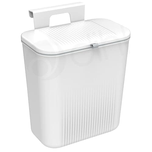 Image of Dihl 9 Litre Hanging Trash Bin with Lid, Wall Mounted Garbage Can Kitchen Food Waste Compost Bin, Plastic Rubbish Bin for Under Cupboard, Cabinet Door, Bedroom, Offices - White