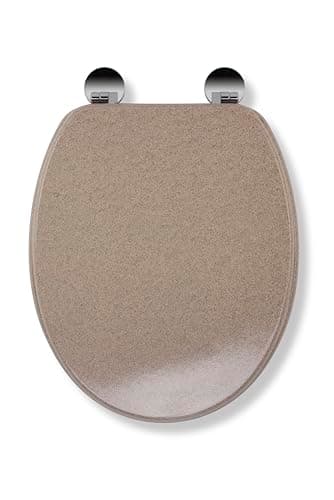 Image of Croydex Dorney Flexi-Fix Wooden Toilet Seat - Adjustable Hinges with Top & Bottom Fixings Included and Rust Free Chrome Plated Hinge Covers, Antibacterial Treated Surface (Sandstone Effect)