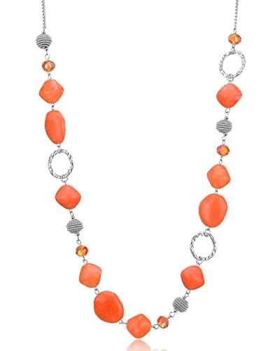 Image of BULINLIN Beaded Long Silver Necklaces for Women, Handmade Statement Sweater Chain Necklace with Crystal Beads for Fashion Jewelry gifts(Dark light orange)