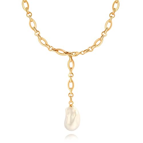 Image of Aobei Pearl Large Baroque Pearl Pendant Necklace, 18k Gold Lariat Y Necklace for Women, Chunky Statement Long Necklace