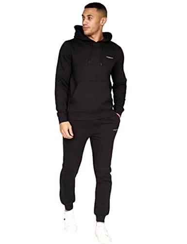 Image of Crosshatch full tracksuit Hooded Fleece Sweatshirt Zip Up Hoodie Jacket Sweatpants Joggers by Jeanbase Black L