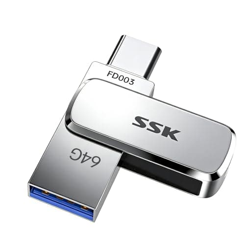 Image of SSK 64GB Dual USB Drive up to 240MB/s, USB 3.2 Gen 1 Type C & A Flash Drive, Metal Swivel Design USB C Memory Stick for iPhone 15/16 PRO, Tablets, Mac, computers and more