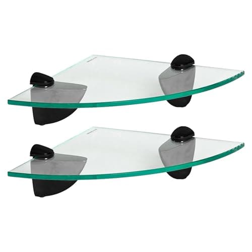 Image of Harbour Housewares Floating Glass Bathroom Corner Shelves - 20cm - Clear/Black - 2x Wall-Mounted Kitchen Bedroom Shower Room Décor Caddy Towel Storage Organiser Shelving Rack with Brackets