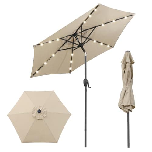 Image of COSTWAY 2.3M/2.7M Lighted Garden Parasol, Outdoor Heavy Duty Umbrella with Tilt, 18 LED Lights, Crank Handle and Vented Canopy, Outdoor Sun-protective Canopy Market Table Umbrella (2.3M, Beige)
