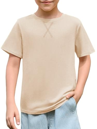 Image of Haloumoning Boys' T-Shirt Short Sleeve Crew Neck Tops Kids Summer Plain Lightweight Top Regular Fit Sports T-Shirts Casual Basic Tees with Chest Pocket 5-14 Years, Beige, 11-12 Years