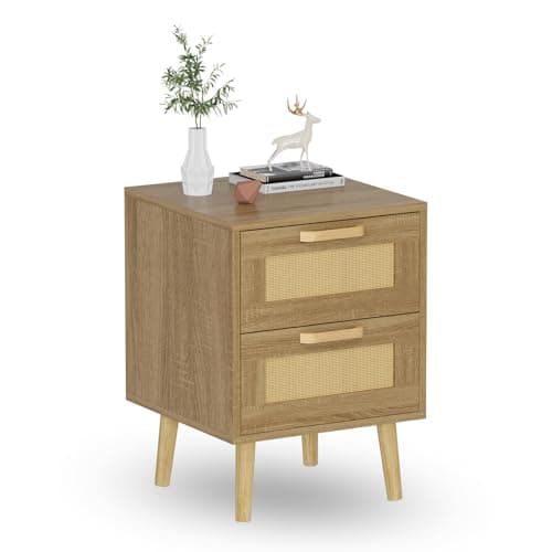 Image of AYAYM Bedside Table Side Table with 2 Hand Made Rattan Decorated Drawers Wood Nightstand Bedside Cabinet Slim Bedside Table for Living Room Bedroom 40 * 40 * 55cm Natural (Natural (1))