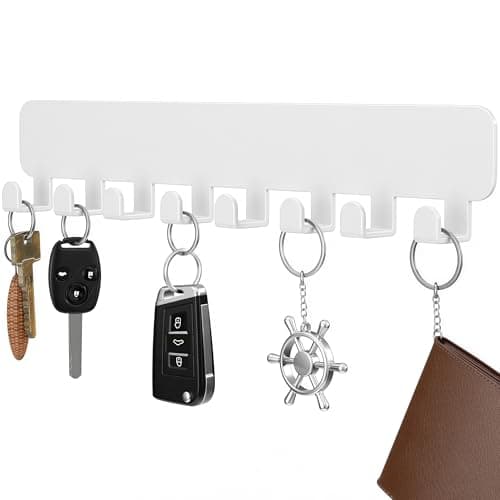 Image of pickpiff White Key Holder for Wall Adhesive, Key Hooks with 8 Hooks Wall Mounted, Black Key Hangers for Wall Decor No Drill for Living Room, Kitchen, Office