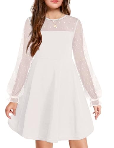 Image of Arshiner Girls Dress Puff Long Sleeve Dress Mesh Dress A-line Casual Kids wear Party Dress with Pocket White 140 9-10 Years