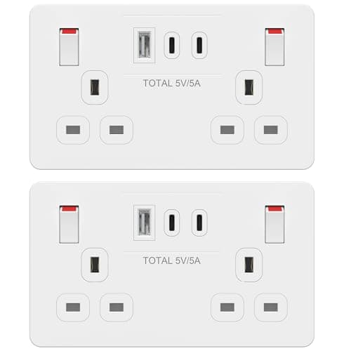 Image of LIDER 2-Gang Switched 13A Double Socket with USB TYPE C & A Charger Ports, 25W Combined Output, Always-On USB, Child Safe, Low Energy Standby, Glossy Finish, White, 2 Pack