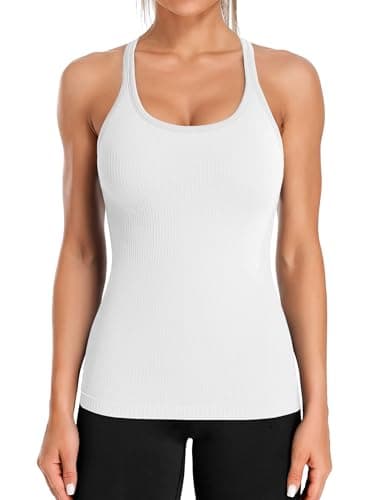 Image of ATTRACO Workout Gym Tops Women with Built in Bras Yoga Tank TopsRunning Shirts Sport Vest White