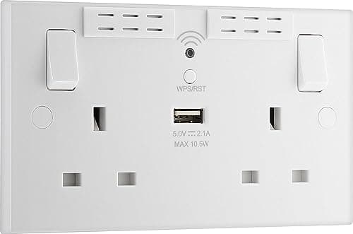 Image of BG Electrical Double Switched Power Wall Plug Socket with Type A USB and Wi-Fi Extender, Square Edge, Nexus 900 Series, White Moulded, 13A, 922UWR