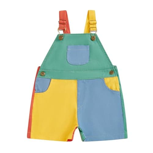 Image of Kids Toddler Boys Girls Denim Dungarees Shorts Color Block Sleeveless Overalls Shortalls Baby Summer Clothes Outfits (Dark Green Blue, 12-18 Months)