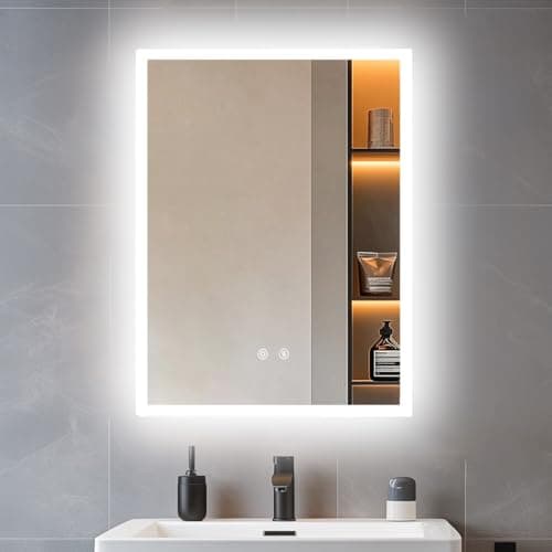 Image of LUVODI Bathroom Mirror with LED Lights: 60 x 45 cm Rectangular Illuminated Dimmable Wall Mounted Mirror with Anti-Fog 3 Lighting Modes Memory Function Touch Switch