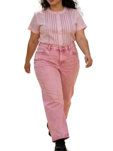 Image of Vaimti Plus Size Casual Wide Leg Baggy Jeans, High Waist Denim Trousers (UK, Alpha, XL, Plus, Regular, Pink)