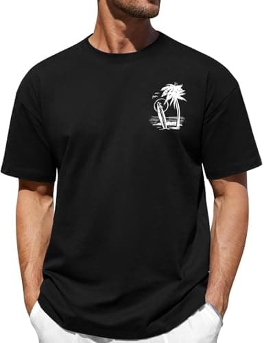 Image of Lonya Mens T-Shirts Casual Cotton Coconut Tree Surf Beach Sunset Graphic T Shirt for Man Loose Fit Fashion Short Sleeve Crew Neck Vintage Printed Summer Tee Tops, C-Black, L