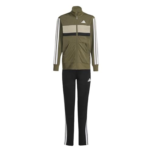 Image of adidas Unisex Kids SEASONAL ESSENTIALS TIBERIO 3 STRIPES TRICOT TRACKSUIT, olive strata/white, 7-8 Years