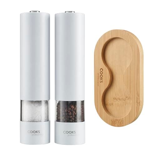Image of Cooks Professional Electric Salt and Pepper Mill Set with Bamboo Base | Battery Operated Automatic Grinders with Adjustable Grinding & One Touch Operation | Condiment Grinder & Stand | White