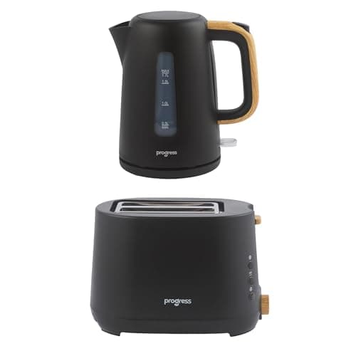 Image of Progress Skara Kettle & 2-Slice Toaster Set – 1.7L 3000W Rapid Boil Kettle & 750W Toaster with 6 Browning Levels, Defrost, Reheat & Cancel, Black with Wooden Accents