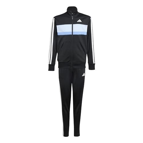 Image of adidas Unisex Kids SEASONAL ESSENTIALS TIBERIO 3 STRIPES TRICOT TRACKSUIT, black/glow blue/blue fusion/white, 13-14 Years
