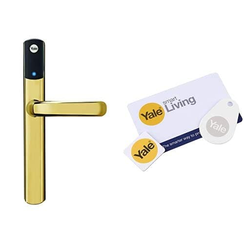 Image of Yale Conexis L1 Smart Keyless Door Handle for Home Security, Remote Lock/Unlock, App Control, Gold Finish [BSI Approved] + Add-on Phone Tag, White Key Card & Key Tag Accessory Bundle