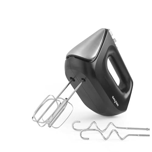 Image of Salter 400W Hand Mixer – Electric Handheld Baking Whisk with 5 Speeds & Turbo Function, Eject to Change Stainless Steel Attachments, Dishwasher Safe Mixing Beaters & Dough Hooks, Cakes, Matte Black