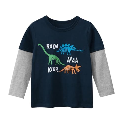Image of Kids T-Shirt Toddler Baby Boys Girls Long Sleeve Cartoon Dinosaur Prints Shirt Tops Winter Clothes (Navy, 3-4 Years)