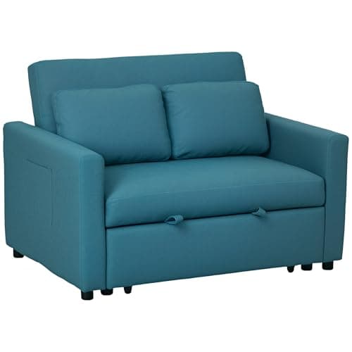 Image of HOMCOM 2 Seater Sofa Bed, 120 cm Convertible Bed Settee, Modern Fabric Loveseat Sofa Couch with 2 Pillows, Side Pockets for Living Room, Guest Room, Blue