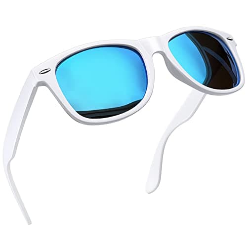 Image of Joopin Square Polarised Sunglasses for Men Women UV Protection Unisex Mirror Retro Sunglasses Man for Driving Hiking Fishing Sports (White Frame Mirrored Blue Lens)
