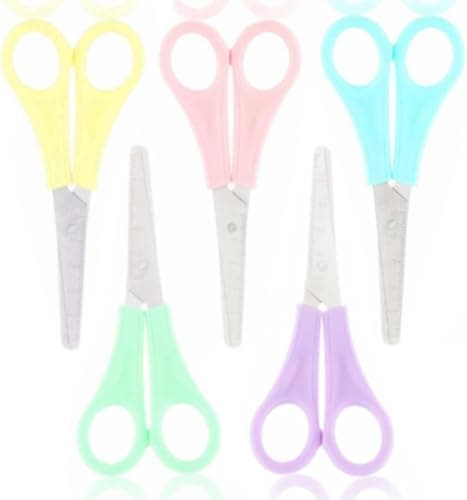 Image of PASTEL School Scissors 1x 5x 10x pack Plastic Handles Stainless Steel Blades Ruler Safety Blunt rounded ends 130mm children kids PINK PURPLE blue green yellow craft (1 PAIR ONLY (RANDOM COLOUR))