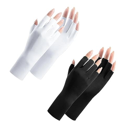 Image of Andiker Women UV Sun Protection Gloves 2 Pairs, Summer Breathable Ice Silk Sunblock Gloves Half Finger for Riding Golf Fishing Cycling Gel Nails (Black,white)
