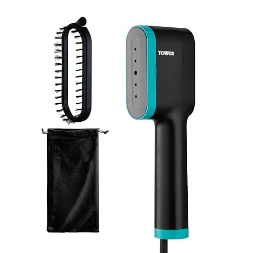 Image of Tower T22038TL Ceraglide Handheld Garment Steamer with Ceramic Soleplate, Brush Attachment, Vertical Steaming, 1400W, Black & Teal