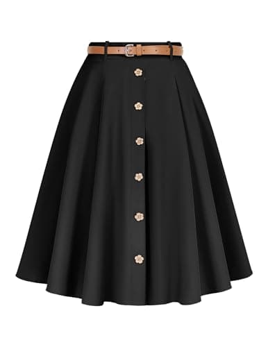 Image of WedTrend Women's Midi Skirt with Pockets&Belt A-Line Flowy Skirts for Women Work Office Summer Skirts 50s Vintage Skirt WTSK001BlackS