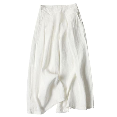Image of Wide Leg Linen Trousers for Women UK Palazzo Pants Casual High Waist Flowy Cropped Culottes Pants Yoga Sweatpants Cotton Linen Summer Harem Trousers White