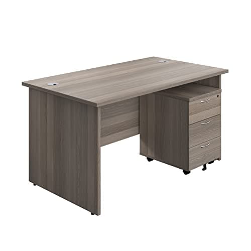 Image of Office Hippo Panel Desk with 2 Mobile Storage Including Filing Drawer, A4, Foolscap, Engineered Wood, Grey Oak, 140 x 80 x 73 cm