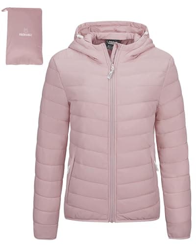 Image of Outdoor Ventures Women's Winter Lightweight Puffer Jacket with Hood, Warm, Short, Packable, Quilted, Transitional, Padded Jacket for Ladies, Lined for Hiking, Travel Pale Rosy L