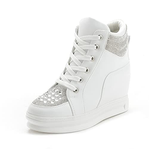 Image of rismart Women's Wedge Heel Trainers Glitter High Top Lace-up Ankle Bootie White,6 UK