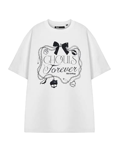 Image of Monster High Womens White Ghouls Forever Short Sleeved Graphic Tee | Classic Cartoon Top | Casual Wear T-Shirt | Crew Neck Design | MH Spooky Theme Apparel Merch - X-Large