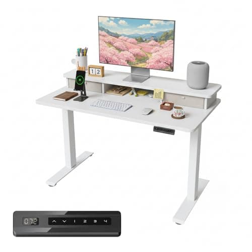 Image of FEZIBO Height Adjustable Electric Standing Desk with Double Drawer, 100 * 60cm Stand Up Table with Storage Shelf, Sit Stand Desk with Splice Board, White Frame/White Top