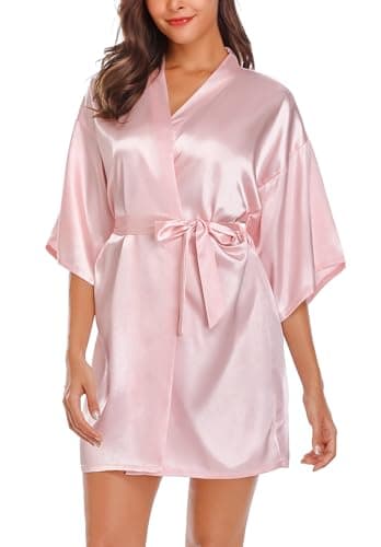 Image of Wikoan Women's Satin Dressing Gown, Soft Silk Robe Lightweight Sleepwear for Bridal, Wedding Party Robes with Oblique V-Neck,M,Pink