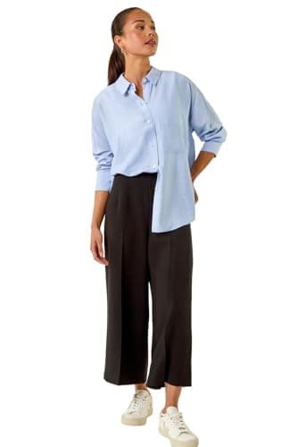 Image of Roman Petite Shirt for Women Ladies Cotton Blouse Button Through Tunic Printed Top Work Long Sleeve Smart Casual Going Out Work Office V Neck Everyday Evening Event - Petite Blue - Size 14