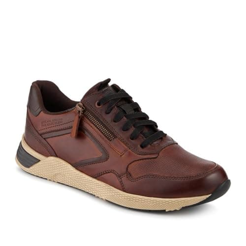 Image of Wide Fit Leather Zip & Lace Up Sporty Trainers - Cognac Size 11