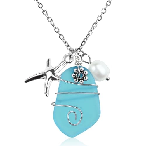 Image of Weviway Sea Glass Wire-Wrapped Necklace with Starfish Pendant, Pearl Charm, Handmade Beach Jewellery for Women