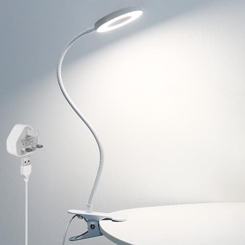 Image of Woputne Desk Clip on Lamp for Reading Office, with 5V 2A Adapter, 10 Dimmable Brightness 3 Modes, Clamp Light for Bed Headboard, Bedside, Craft, (White)