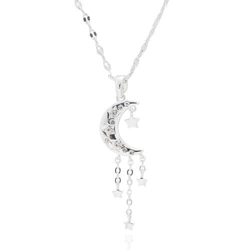 Image of equilibrium Celestial Collection Silver Plated Necklace, Crescent Moon and Stars Pendant with Pavé CZ Crystals, Delicate Chain with Dangling Star Charms, 1.8 x 1.1 x 0.2 cm