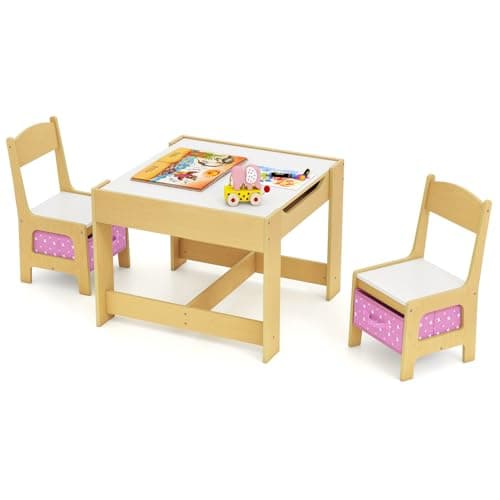 Image of COSTWAY Kids Table Chair Set, Double Side Tabletop Table and 2Pcs Chairs with Storage Box, Activity Desk Nursery Wooden Multifunction Furniture (Natural+Pink)