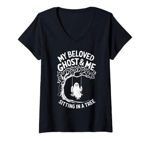 Image of Womens My Beloved Ghost and Me Sitting In A Tree Halloween Ghost V-Neck T-Shirt