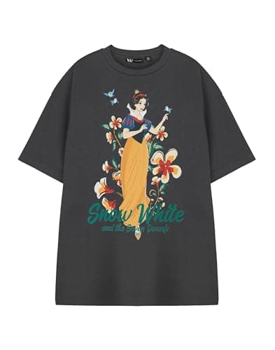Image of Disney Snow White Women's Dark Grey Short Sleeve Graphic Tee | Classic Snow White and The Seven Dwarfs T-Shirt | Casual Wear Top Movie Merchandise - X-Large